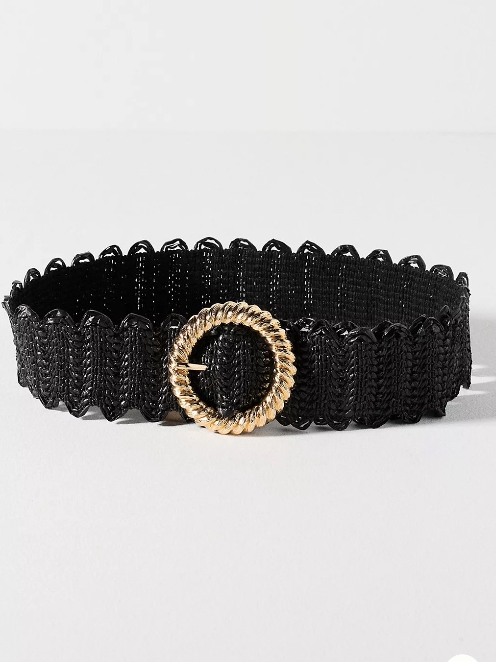 Anthropologie Stretch Shimmer Raffia Belt Black Gold Small NWT Scallop Woven
